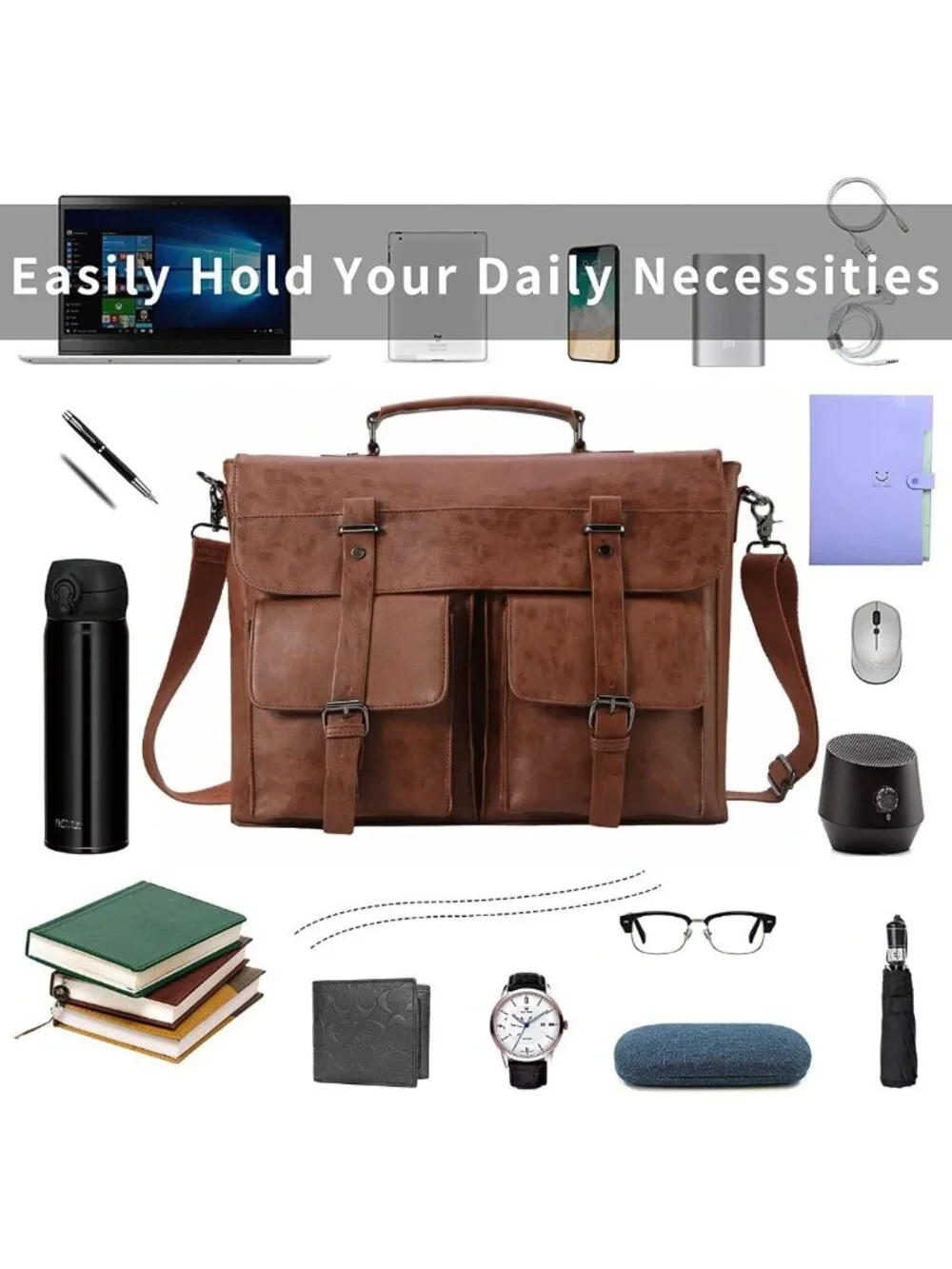 Vintage Leather Messenger Bag for Men, 15.6